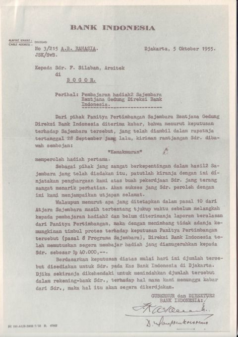 Surat Bank Indonesia kepada F. Silaban; No: 3/215 A.B RAHASIA. JSK/SvB; Perihal: Pembayaran hadiah-hadiah sayembara Rencana Gedung Direksi Bank Indonesia; 