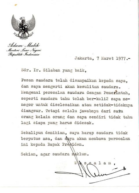 Surat dari Adam Malik kepada Ir. Silaban; tanggal 7 Maret 1977; ditandatangani oleh Adam Malik