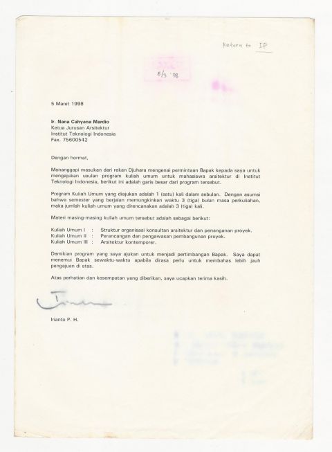 Surat Irianto P.H. kepada Nana Cahyana Mardio, Ketua Jurusan Arsitektur, Institut Teknologi Indonesia
