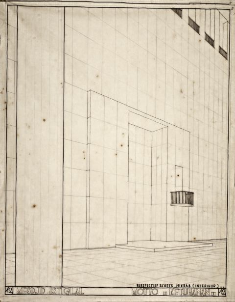 Masjid Istiqlal Motto Ketuhanan - Perspektif Interior ke Arah Mihrab Masjid Istiqlal (gambar 12)